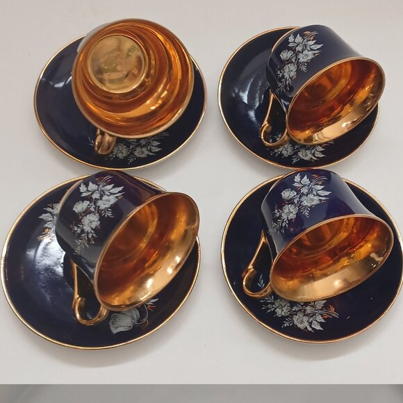 VTG Cobalt Blue Gold Interior Fine Porcelain Favolina 4 Cups & Saucers Poland - Picture 2 of 16